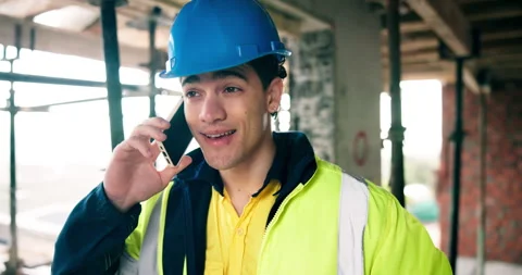 Phone call, man and engineer at construction site, talk or protocol for safety Stock Footage 337038368