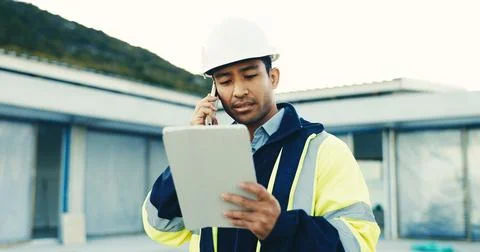 Phone call, man or engineer with tablet for building schedule, progress update Stock Photos