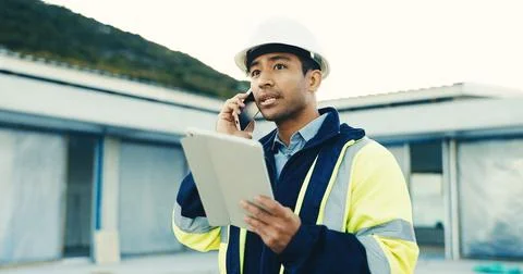 Phone call, man or engineer with tablet for construction schedule, progress Stock Photos