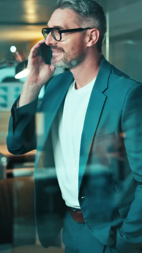 Phone call, night or man talking in workplace, financial analysis or data Stock Footage 343497575