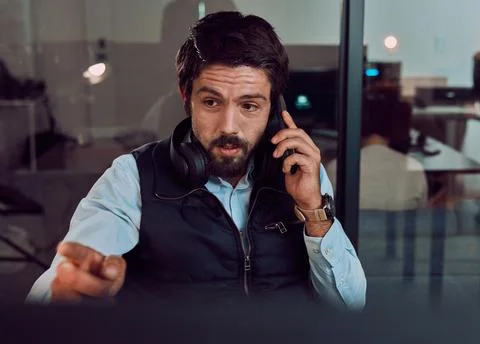 Phone call, programmer and man talking in office, chatting and speaking to Stock Photos