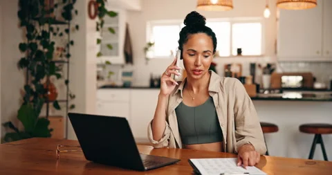 Phone call, remote work and woman with document in home for communication or Stock Footage 329439155
