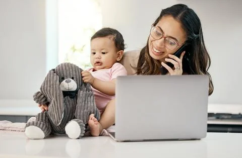 Phone call, remote work and happy woman with baby, laptop, freelancer with Stock Photos