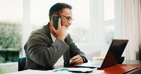 Phone call, remote work and man with laptop in house for account manager, client Stock Photos