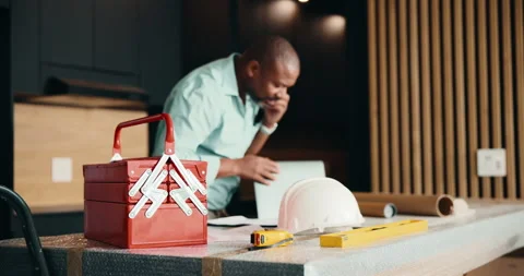 Phone call, renovation and toolbox with black man in kitchen for home Stock Footage 337760166