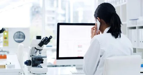 Phone call, science and computer with woman in laboratory for research, dru.. Stock Photos