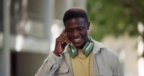 Phone call, student and black man with smile, outdoor and app with scholarship, Stock Footage 323314429