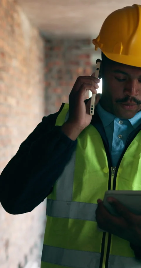 Phone call, tablet and engineer with man on construction site for project Stock Footage 340969290