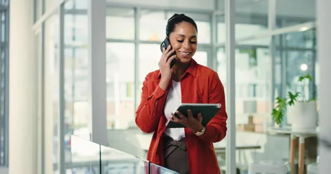 Phone call, tablet or business woman in office for platform negotiation, social Stock Footage 318736721