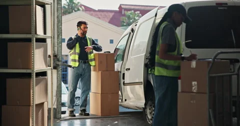 Phone call, talking and delivery man by van with package, shipping order and 動画素材 346874968