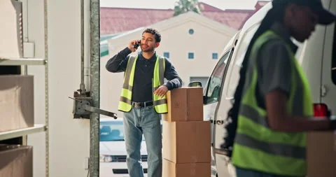 Phone call, talking and delivery man by van with boxes, shipping order and 動画素材 346881370