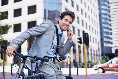 Phone call, thinking and man with bicycle in city for travel, morning commute or Stock Photos