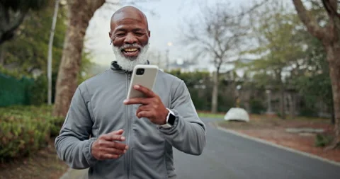 Phone call, walking and black man outdoor for fitness, exercise or active Stock Footage 340884268