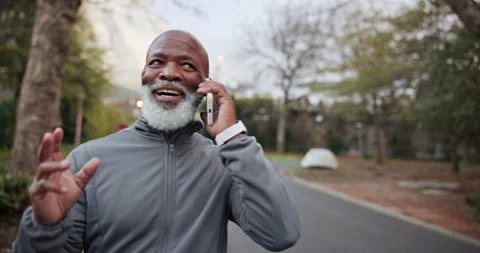Phone call, walking and black man outdoor for exercise, fitness or active Stock Footage 340889763