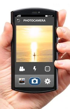 Phone camera mobile camera interface on touch screen phone, cut out from w... Stock Photos