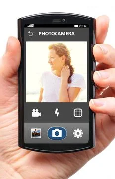 Phone camera mobile camera interface on touch screen phone, cut out from w... Stock Photos