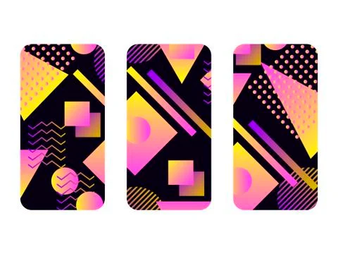 Phone case mockup. Memphis pattern background. Gradients geometric shape styl Illustrazione stock