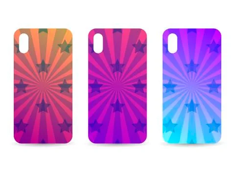 Phone case set with gradient backgrounds. Rays and stars. Blurred shades. Vec Stock Illustration