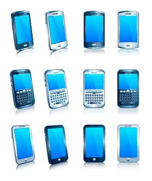 Phone Cell Smart Mobile White 3D and 2D - Graphic Silver Blue Stock Illustration