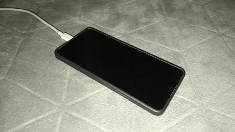 The phone is charged via a cable. A mans hand checks the charging of the phone Stock Footage 314360104