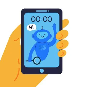 Phone with chat bot in hand that is ready to help Stock Illustration