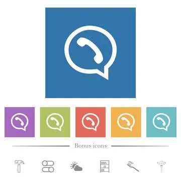 Phone in chat bubble outline flat white icons in square backgrounds Stock Illustration