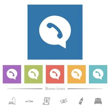 Phone in chat bubble solid flat white icons in square backgrounds Stock Illustration