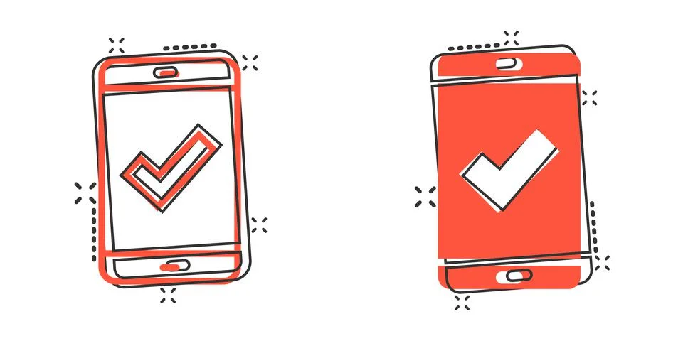 Phone check mark icon in comic style. Smartphone approval cartoon vector illu Stock Illustration