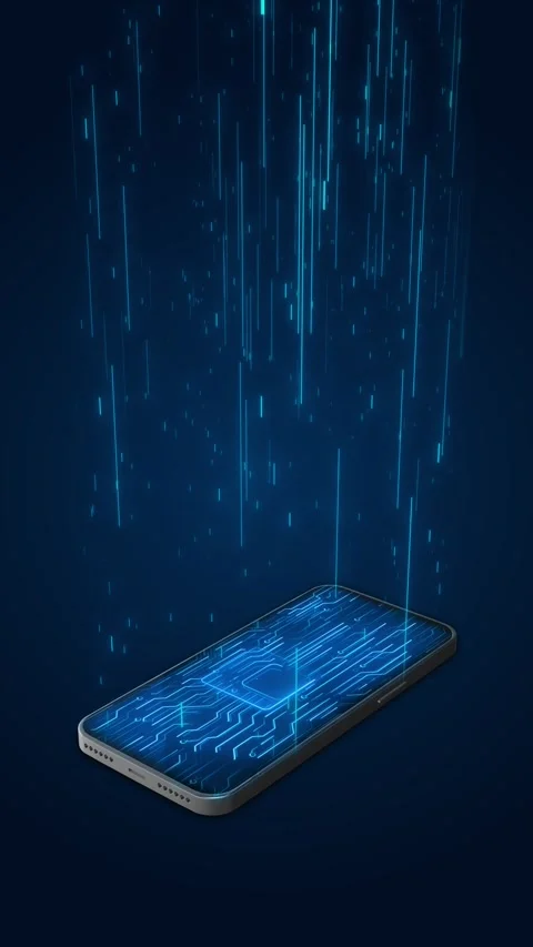 Phone circuit data rain background glowing blue lines falling onto a mobile devi Stock Footage 340548747
