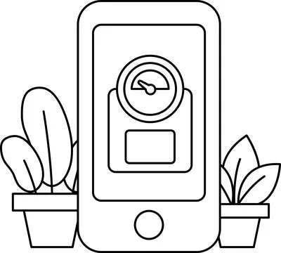 A phone with a clock on it is sitting next to a plant イラスト素材