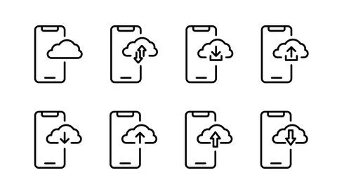 Phone with cloud sync icon set. Cloud download and upload symbols. Upload a.. Stock Illustration