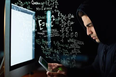 Phone coding, computer and hacker man with software code, password hacking and Stock Photos
