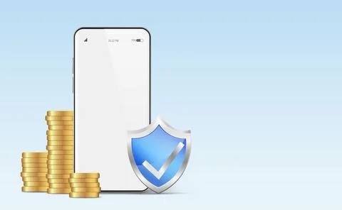 Phone, coin and shield with security check on a blue gradient background. Mob Stock Illustration