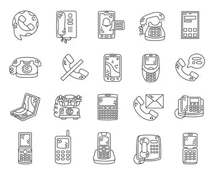 Phone communication device set in outline line Stock Illustration