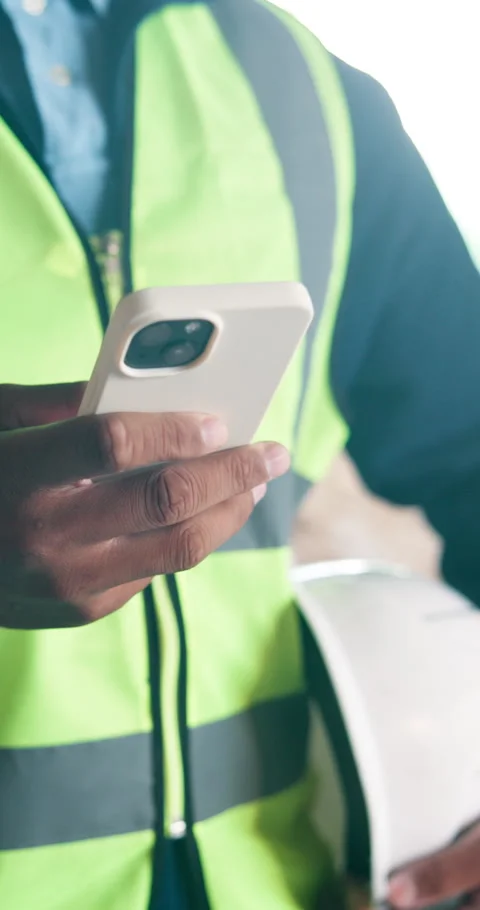 Phone, contractor and hands of man on construction site for project, renovation Stock Footage 340964952