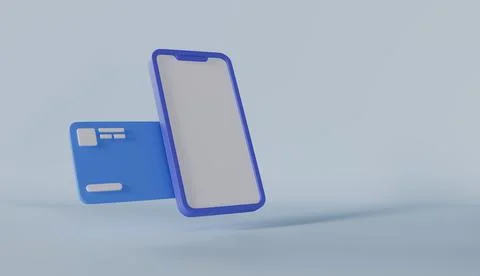 Phone with credit card floating on blue background. Mobile banking and Online Stock Illustration