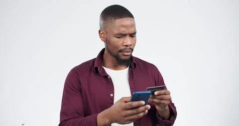 Phone, credit card problem or black man confused with password error, fintech Stock Footage 248274982