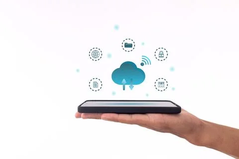 Phone data backup and cloud data storage concept. Man using a smartphone to.. Foto stock