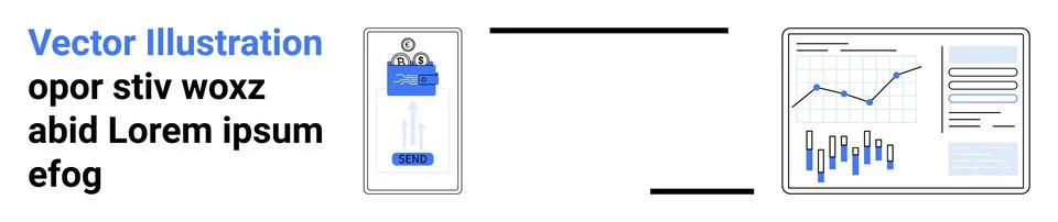Phone with data moving to a screen displaying analytical graphs and charts. I Stock Illustration
