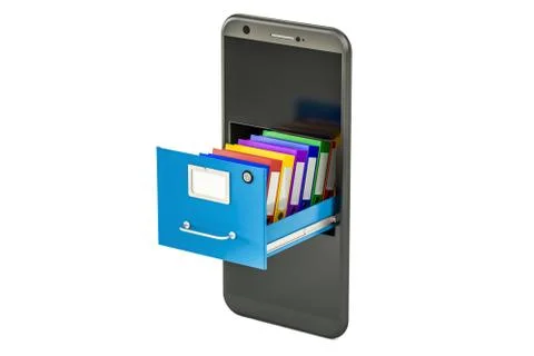 Phone data storage. Smartphone with folders in filing cabinet, 3D rendering Stock Illustration