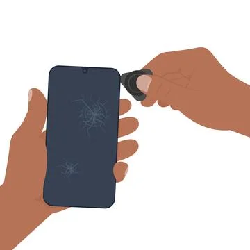 Phone Display Replacement - Dark Skin Hands Prying Off Cracked Screen Stock Illustration