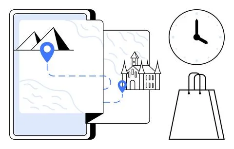 Phone displaying digital map with route from mountains to a castle, marked by Stock Illustration