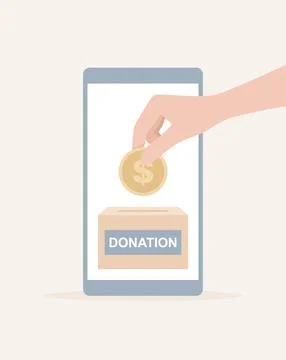 Phone with a donation box on the screen, and a hand putting a golden coin to it Stock Illustration