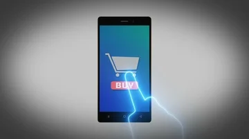 Phone e-commerce, shopping cart, buy via touch finger or hand Animation Loop 4K Stock Footage 86054840
