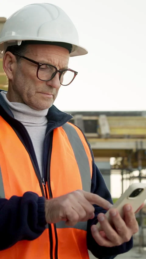 Phone, engineer and typing with man on construction site for architect, building Stock Footage 340888909