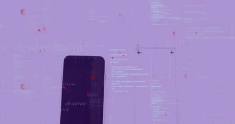 Phone entering from bottom, aligning frame, showing purple HUD code and drifting Stock Footage 331789453