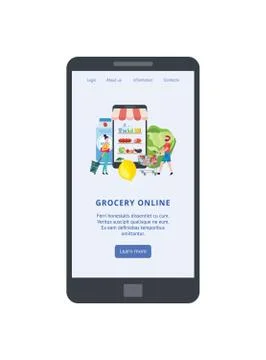 Phone with food delivery app interface flat cartoon vector illustration isolated Illustrazione stock