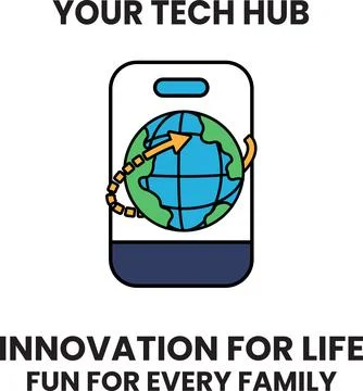 A phone with a globe on it that says "Your Tech Hub" on it Stock Illustration