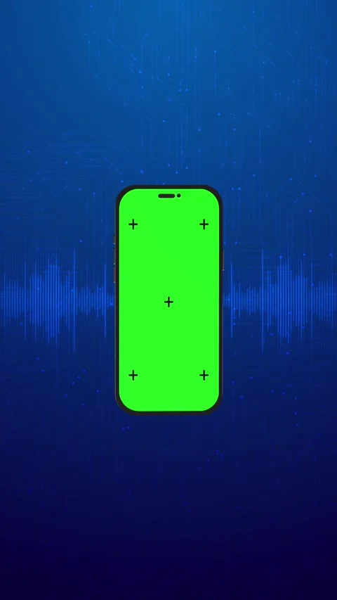 Phone green screen circuit centered mobile display, chroma markers, blue electro Stock Footage 340528351