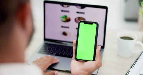 Phone green screen, laptop menu and man scroll on sushi restaurant website, food Stock Footage 236247669
